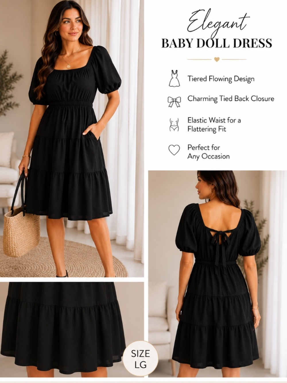 “Just Found” Black Baby Doll Tiered Flowy Dress with Open & Tied back Closure-Lg